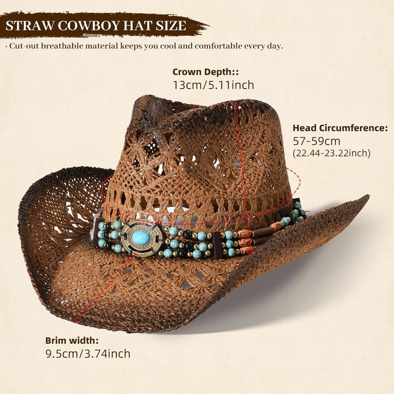 Willheoy Straw Cowboy Hat for Men Womens Straw Cowgirl Hat Summer Western Cowboy Hats with Wide Brim for Cowgirls and Cowboys - Image 3